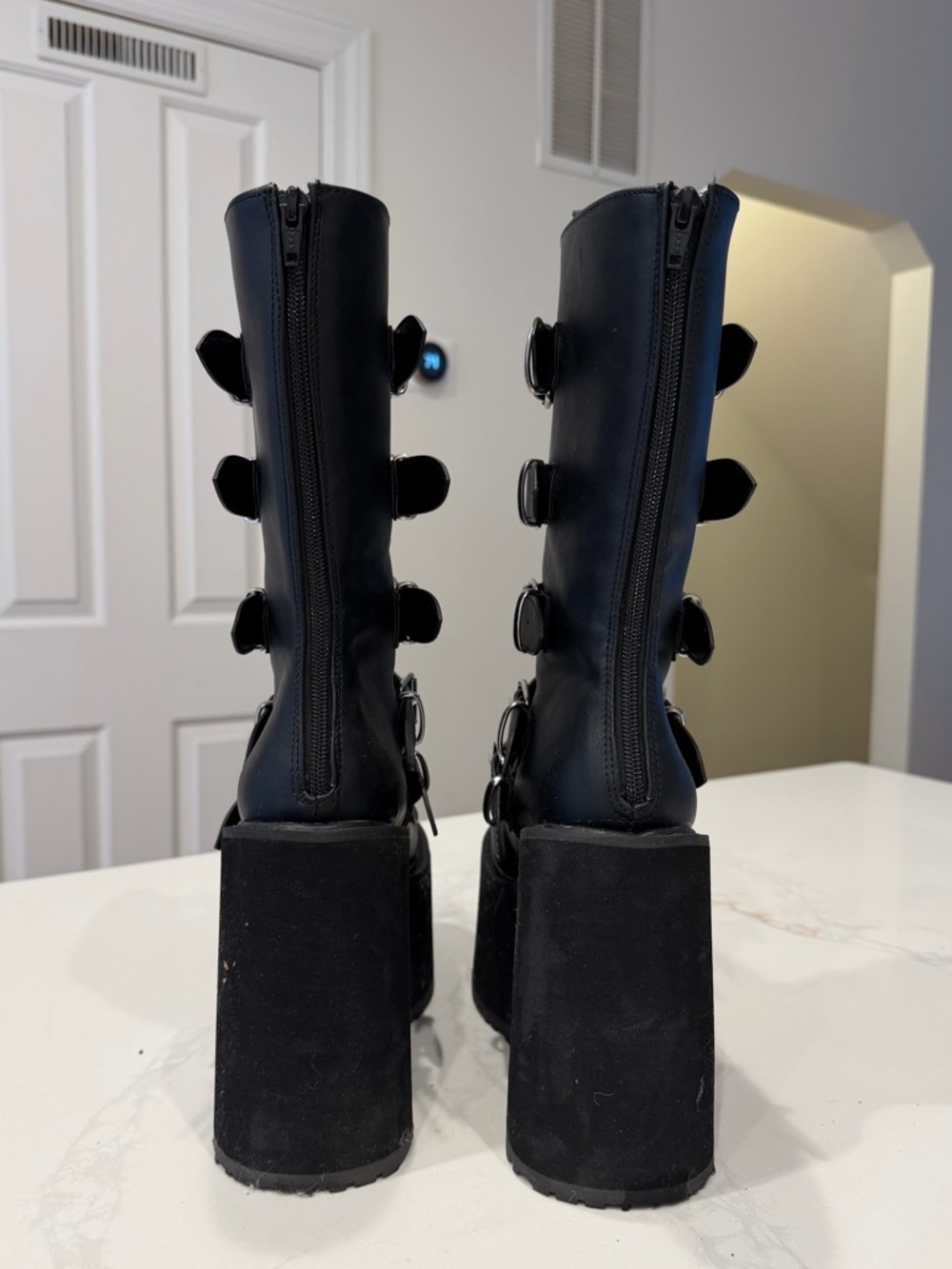 Demonia SWING-230 Platform Mid-Calf Buckle Boots in Black with Heart Accents - Picture 5 of 6
